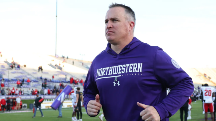 Head football coach Pat Fitzgerald of the Northwestern Wildcats at Ryan Field in Evanston Illinois on October 8 2022. Fitzgerald has been suspended for two weeks following a hazing investigation