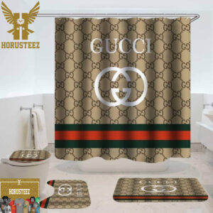 Gucci White Logo In Monogram Background With Vintage Web With Shower Curtain Bathroom Set Accessories