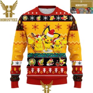 Anime 3 Pikachu Merry Xmas Pokemon Christmas Holiday Ugly Sweater