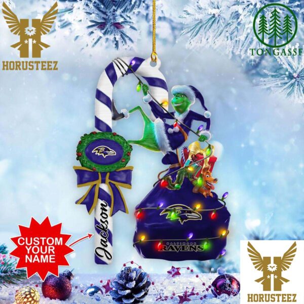 Baltimore Ravens NFL Custom Name Grinch Candy Cane Christmas Tree Decorations Ornament