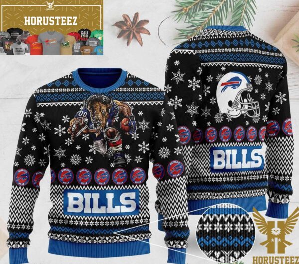 Buffalo Bills Mascot Full Print Black Christmas Ugly Sweater