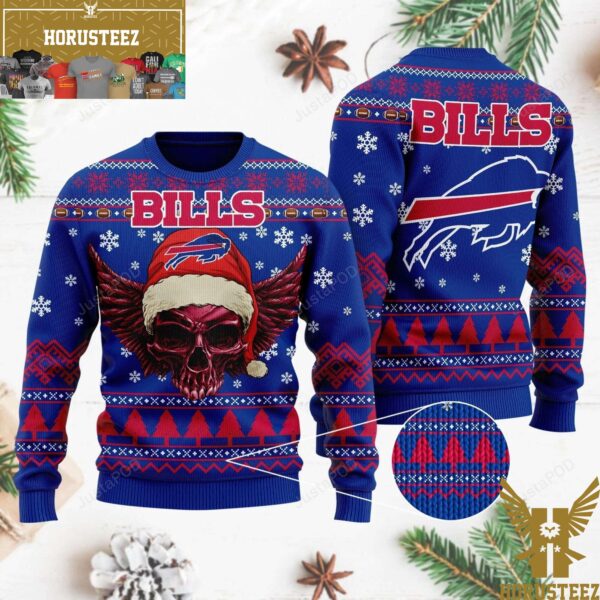 Buffalo Bills Wing Skull Santa Hat Christmas Ugly Sweater