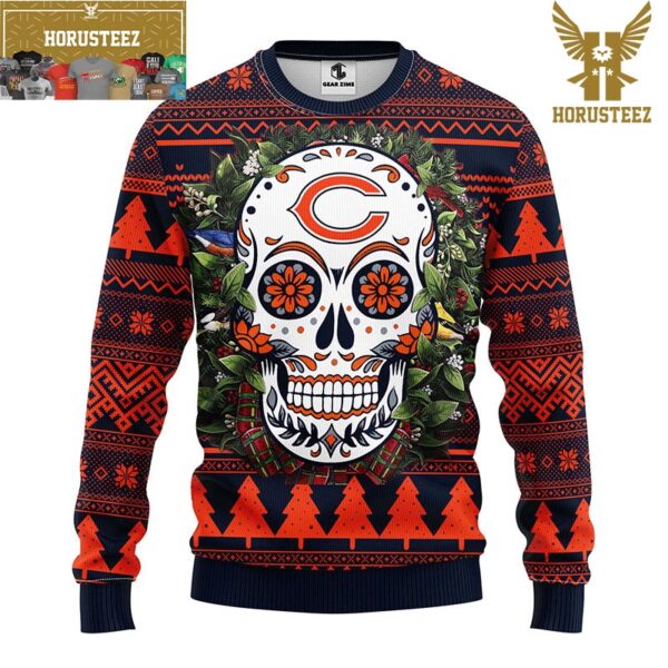 Chicago Bears Sugar Skull Flower NFL Ugly Christmas Ugly Sweater