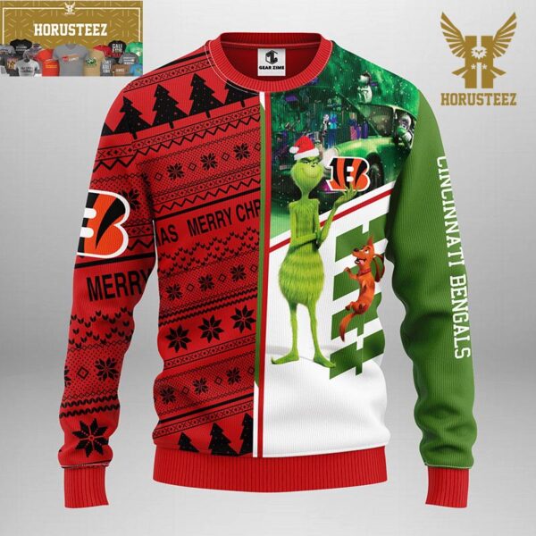 Cincinnati Bengals Funny Grinch And His Dog Max Christmas Ugly Sweater