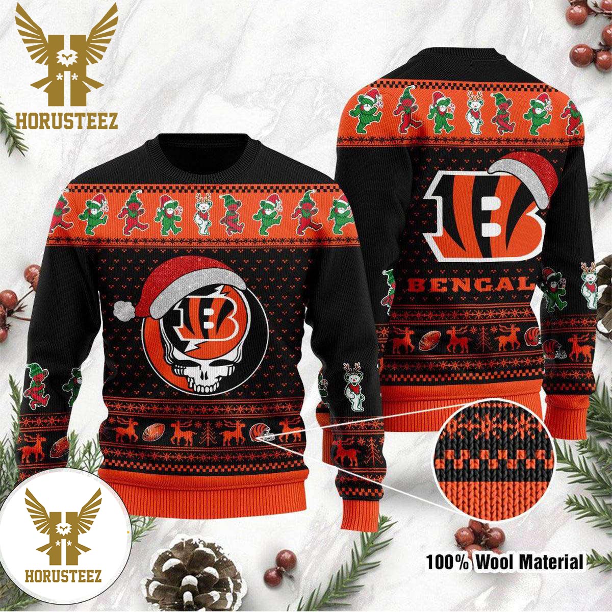 Cincinnati Bengals Grateful Dead Skull And Bears Ugly Sweater NFL Football Christmas Ugly Sweater