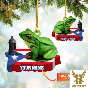 Custom Name Puerto Rico With Green Frog Sitting On Territory Flag Christmas Tree Decorations Ornament