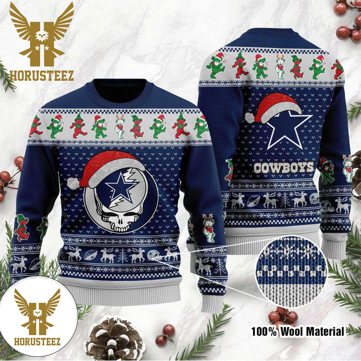 Dallas Cowboys Grateful Dead Bear Pattern Christmas Ugly Sweater