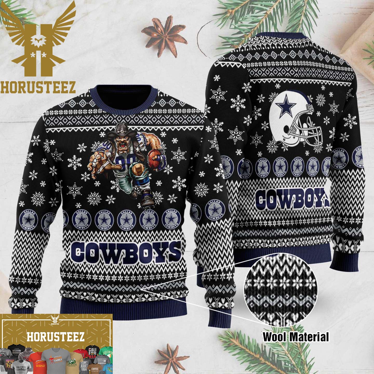 Dallas Cowboys Mascot Printed Black Christmas Ugly Sweater