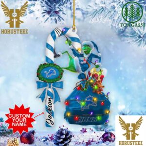 Detroit Lions NFL Custom Name Grinch Candy Cane Christmas Tree Decorations Ornament