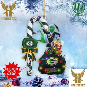 Green Bay Packers NFL Custom Name Grinch Candy Cane Christmas Tree Decorations Ornament
