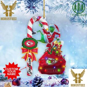 Kansas City Chiefs NFL Custom Name Grinch Candy Cane Christmas Tree Decorations Ornament