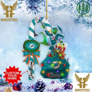 Miami Dolphins NFL Custom Name Grinch Candy Cane Christmas Tree Decorations Ornament