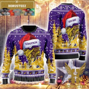 Minnesota Vikings Symbol Wearing Santa Claus Hat Ho Ho Ho Christmas Ugly Sweater