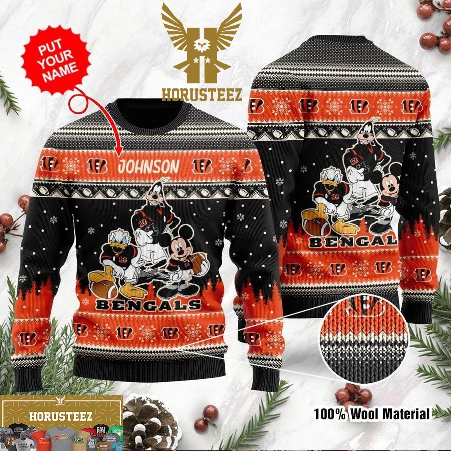 Personalized Cincinnati Bengals Donald Mickey Goofy Disney Christmas Ugly Sweater