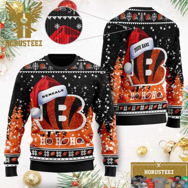 Personalized Cincinnati Bengals Symbol Wearing Santa Claus Hat Ho Ho Ho Christmas Ugly Sweater