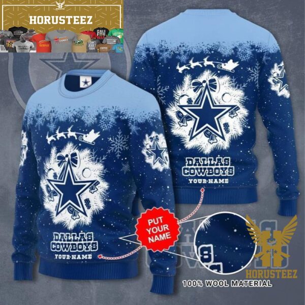 Personalized Dallas Cowboys Wreath Snowflake Christmas Ugly Sweater