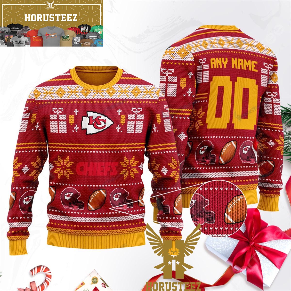 Personalized Kansas City Chiefs Custom Name Number Red Christmas Ugly Sweater