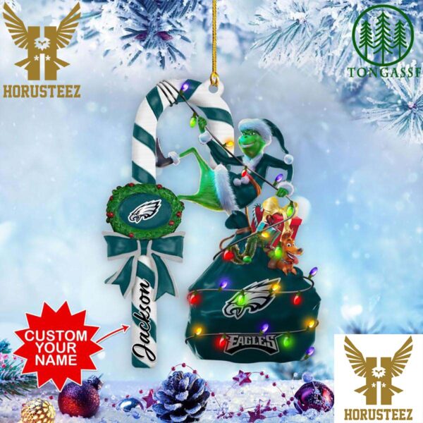 Philadelphia Eagles NFL Custom Name Grinch Candy Cane Christmas Tree Decorations Ornament