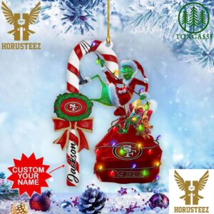 San Francisco 49ers NFL Custom Name Grinch Candy Cane Christmas Tree Decorations Ornament