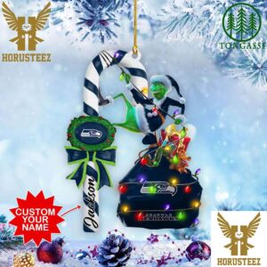 Seattle Seahawks NFL Custom Name Grinch Candy Cane Christmas Tree Decorations Ornament