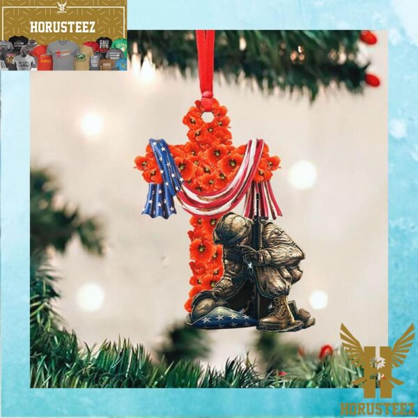 Soldier Kneeling Under Poppy Cross USA Flag Christmas Tree Decorations Ornament