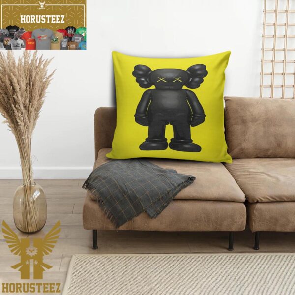 Kaws Black Companion In Yellow Background Pillow