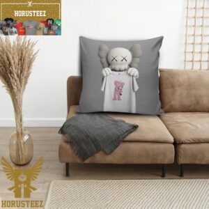 Kaws Companion Grey Holding White Uniqlo T-Shirt With Pink Kaws Take Collection Print In Grey Pillow