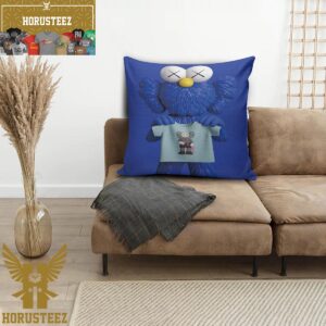 Kaws Seeing Blue Holding Kaws Companion Uniqlo Mint T-Shirt In Blue Background Pillow