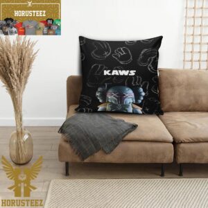 Kaws X Star Wars Boba Fett With Big Logo And Signature Hands Pattern In Black Background Pillow
