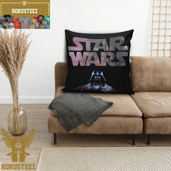 Star Wars Big Logo With Darth Vader Below In Black Background Decorative Pillow