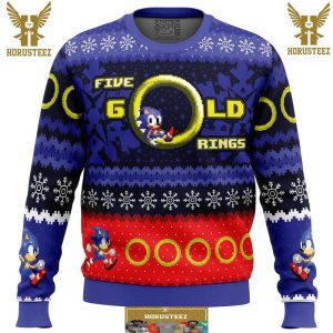 5 Gold Rings Sonic The Hedgehog Gifts For Family Christmas Holiday Ugly Sweater