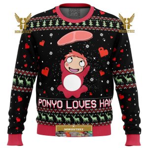 Studio Ghibli Ponyo Loves Ham Miyazaki Gifts For Family Christmas Holiday Ugly Sweater