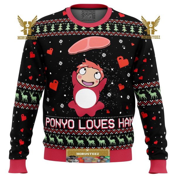 Studio Ghibli Ponyo Loves Ham Miyazaki Gifts For Family Christmas Holiday Ugly Sweater