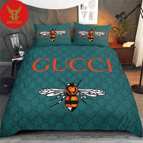 Bee And Flower Gucci Logo Jade Background Duvet Cover Luxury Brand Bedroom Sets Luxury Bedding Sets