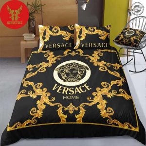 Black And Gold Pattern Versace Logo Luxury Brand Bedding Set