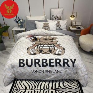 Burberry Bear Logo White Background Duvet Cover Bedroom Luxury Brand Bedding Bedroom Bedding Sets