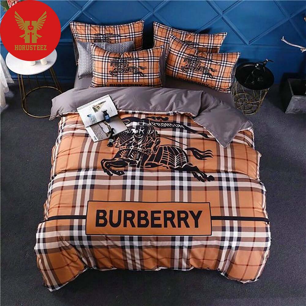Burberry London Horse And Knight Caro Pattern Brown Background Luxury Brand Type Bedding Sets