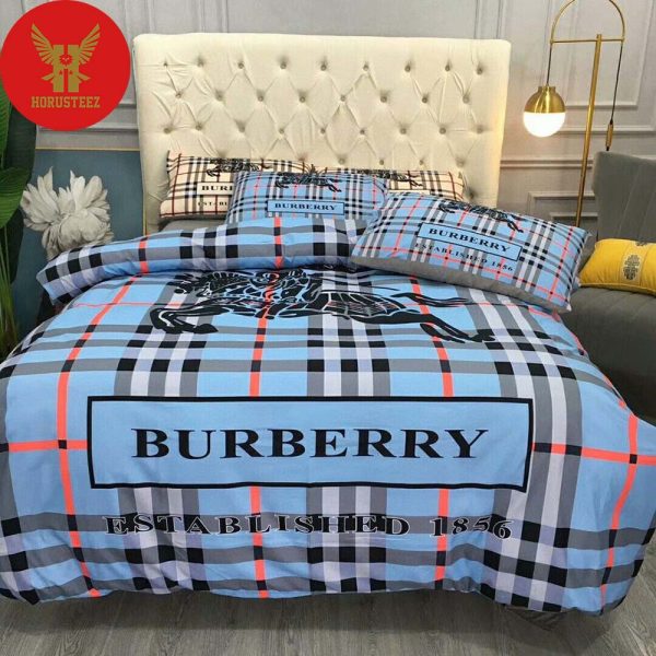 Burberry London Logo Black Horse And Kinght Blue Back Ground Luxury Brand Type Bedding Sets