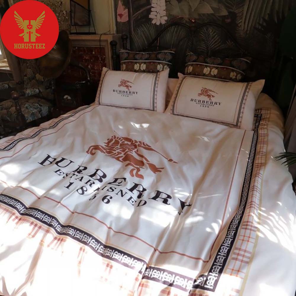 Burberry London Logo Brown Horse And Knight White Background Luxury Brand Type Bedding Sets