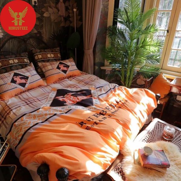 Burberry London Logo Orange Horse And Knight White Pattern Orange Background Luxury Brand Type Bedding Sets
