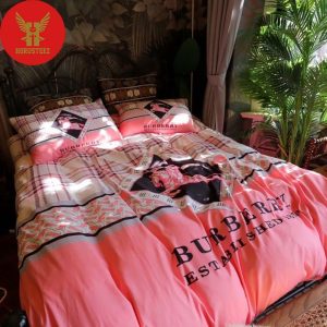 Burberry London Logo Pink Horse And Knight Pink Background White Pattern Luxury Brand Type Bedding Sets