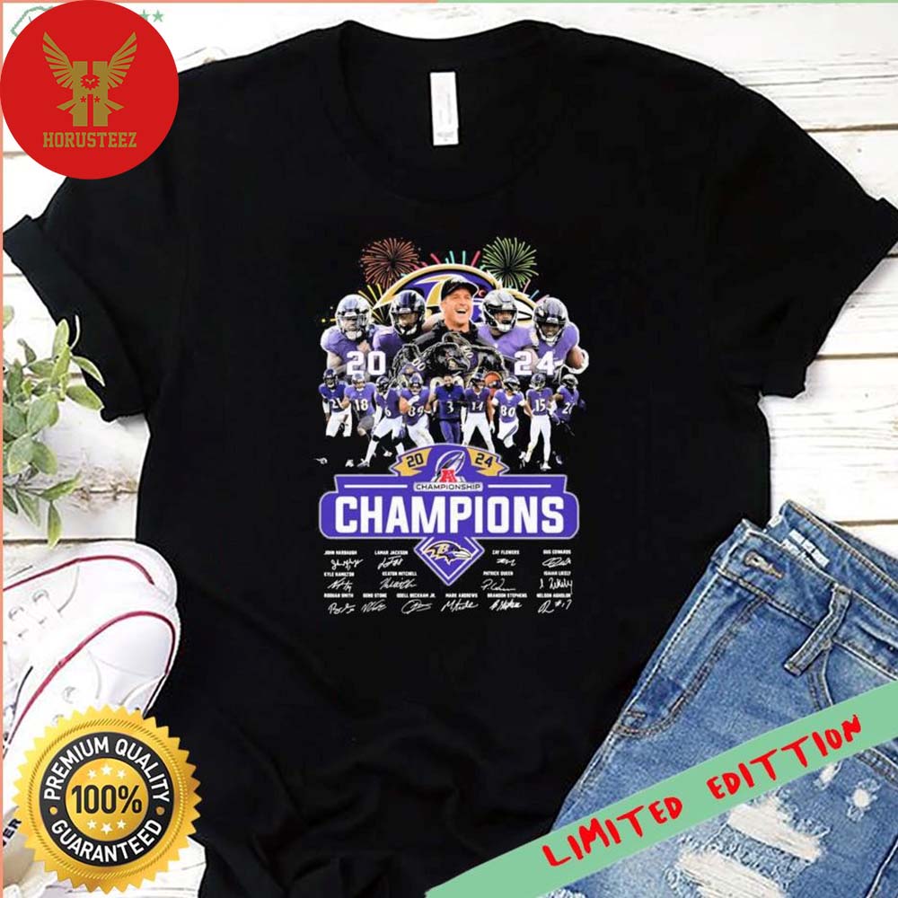 Firework Baltimore Ravens Team 2024 AFC Champions Signatures Unisex T-Shirt