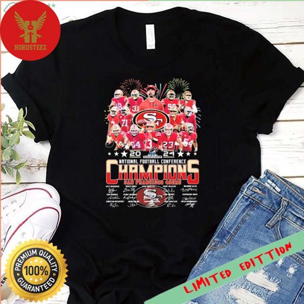 Firework San Francisco 49ers Team 2024 NFC Champions Signatures Unisex T-Shirt