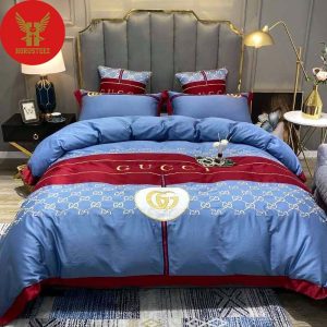 Gold Gucci Logo Blue Background Red Pattern Luxury Brand High-End Bedding Set