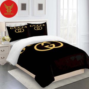 Gucci Beige Luxury Logo Black Background Brand High-End Bedding Set