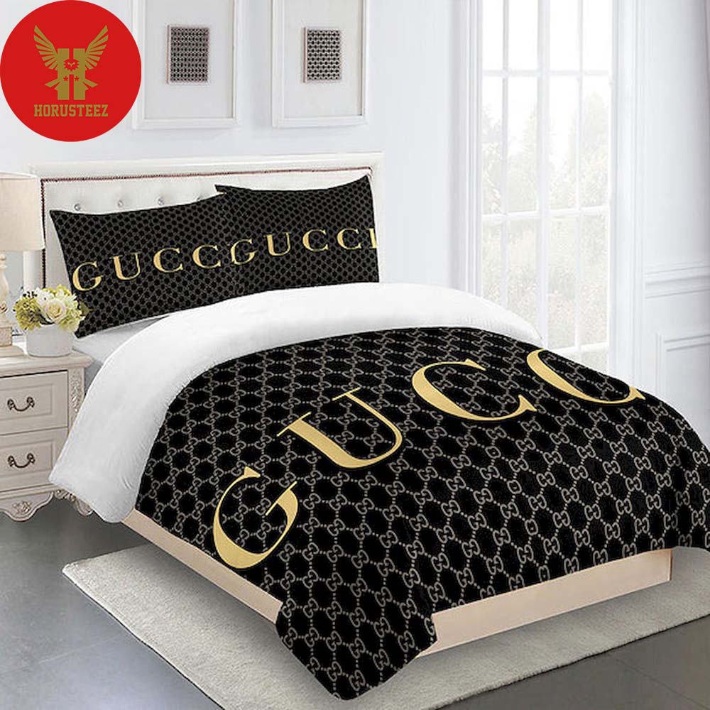 Gucci Beige Luxury Logo Gc Black Background Brand High-End Bedding Set