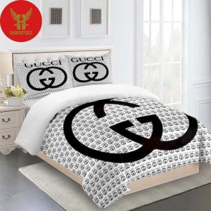 Gucci Black Logo White Background Gc Black Pattern Luxury Brand High-End Bedding Set