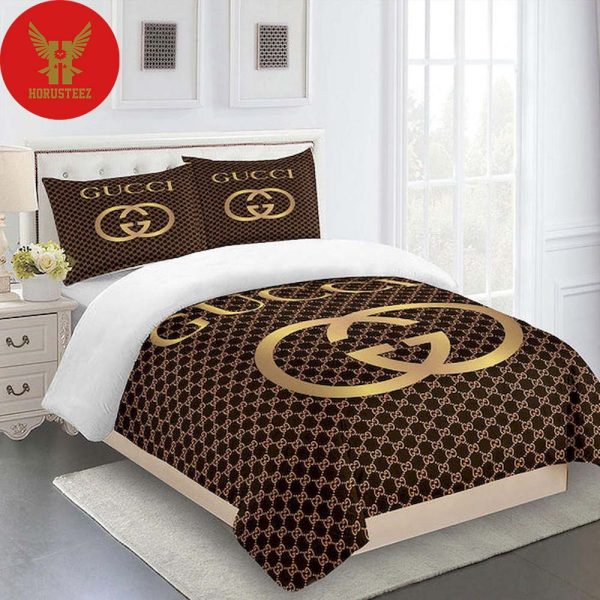 Gucci Gold Logo Brown Luxury Brand High-End Bedding Set