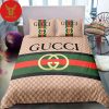 Gucci Gold Logo Brown Stripe Gc Pattern Luxury Brand High-End Bedding Set