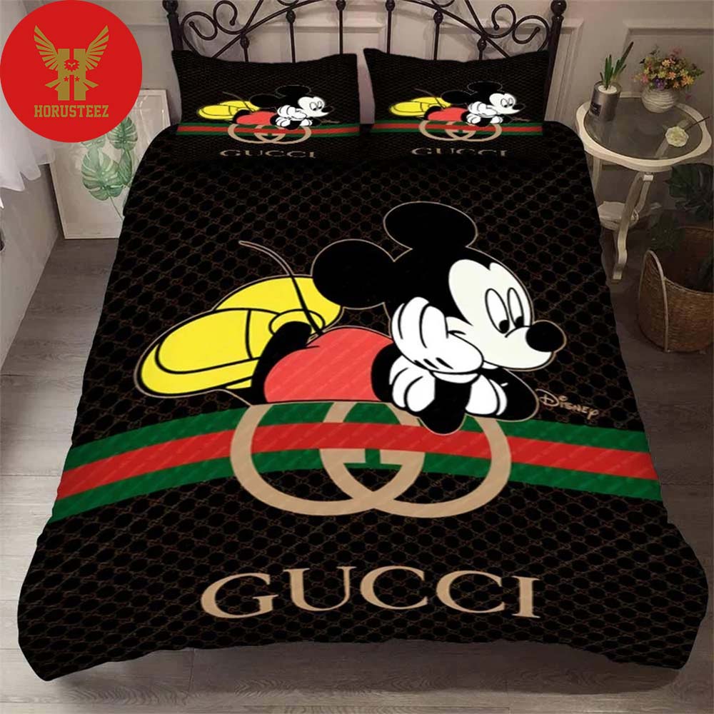 Gucci Mickey Mouse Black Background Luxury Brand Disney Gifts Home Decor High-End Bedding Set